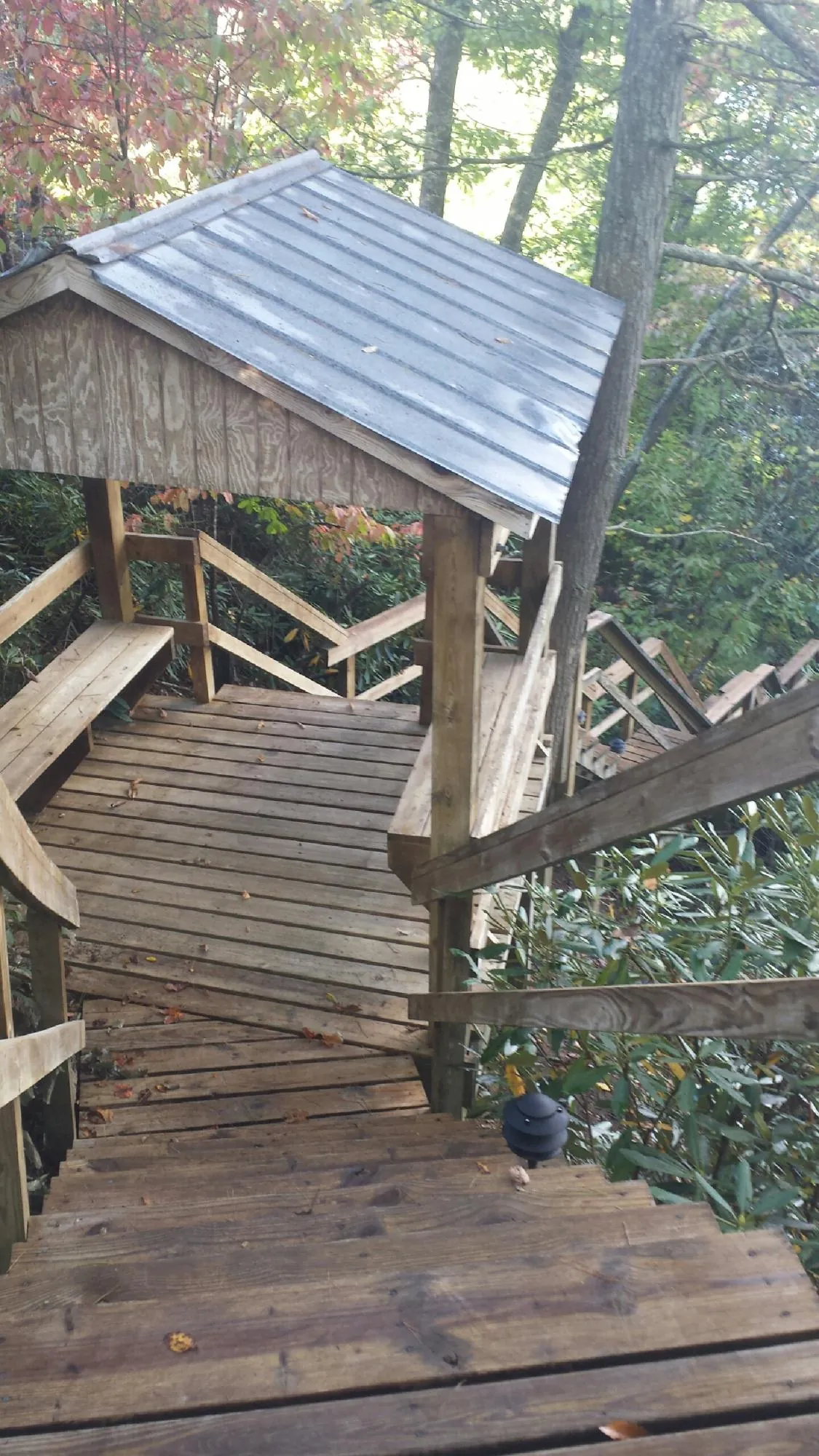 Metal roofed shelter over wooden steps on a wooded walkway — Skylight Repair & Installation work by our crew in Alexandria